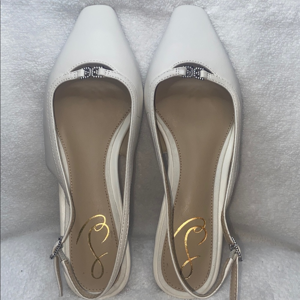 Sam Edelman White Pointed Slingback Mules with Crystal Accent